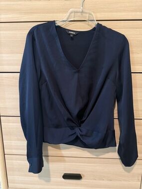 Express Navy Twist-Front V-Neck Long-Sleeve Blouse